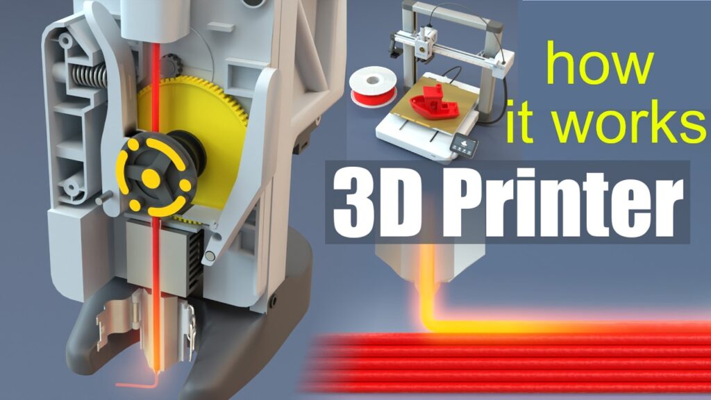 Illustration du fonctionnement d'une imprimante 3D en action avec des détails mécaniques visibles.