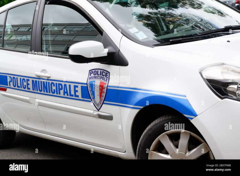 Logo de la police municipale française visible sur une voiture officielle en service