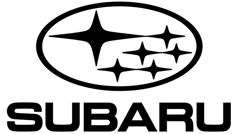 Logo Subaru emblématique en haute définition avec fond bleu étoilé représentant la constellation des Pléiades