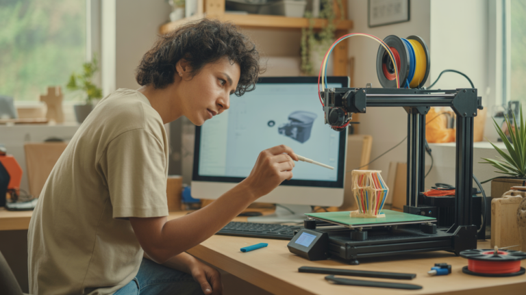 Personne concentrée dans un atelier lumineux observant une imprimante 3D en train d’imprimer un objet coloré, dans un environnement réel et authentique.