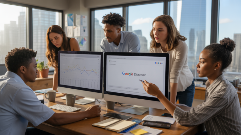 équipe marketing numérique analysant des données sur Google Discover dans un bureau moderne et lumineux, ambiance réaliste et naturelle