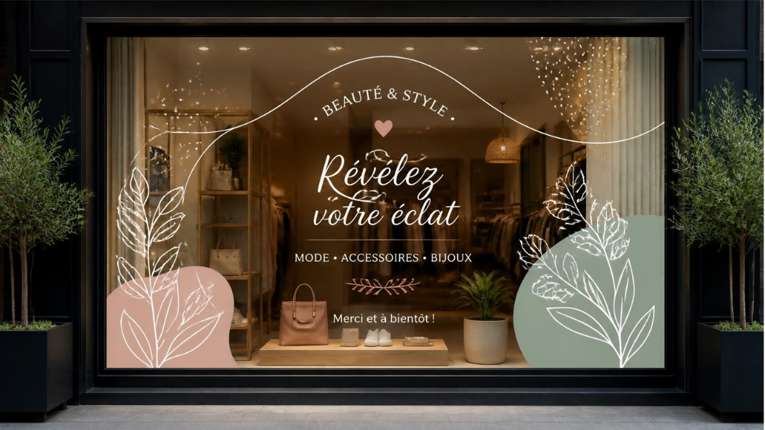 Vitrine de commerce décorée avec un autocollant vitrine sur mesure