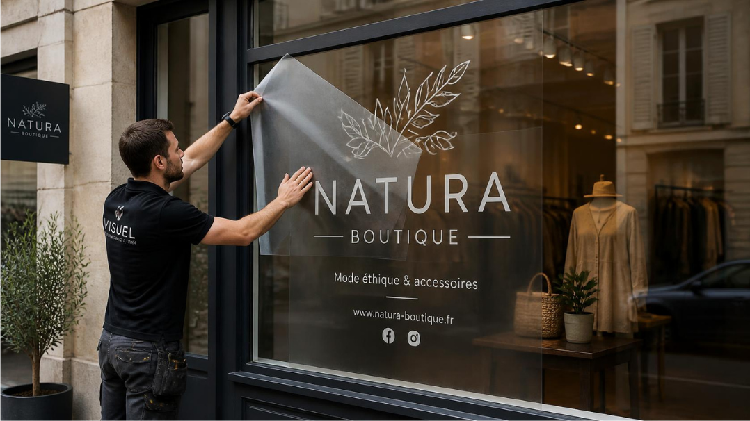 Pose d'un adhésif de vitrophanie sur la vitre d'une boutique